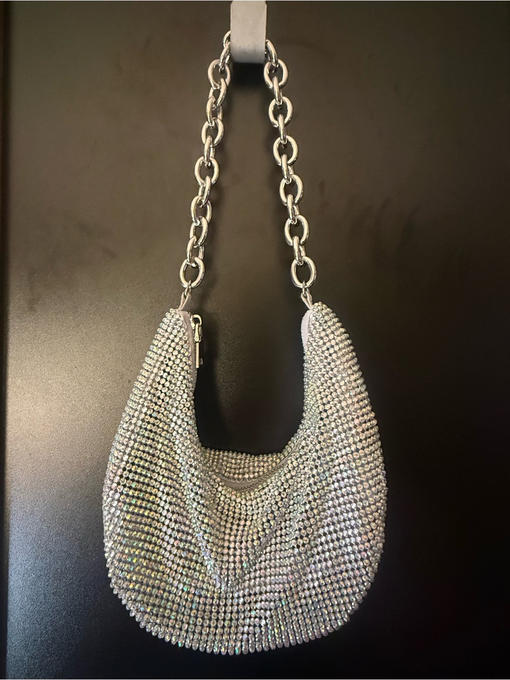 Jessica McClintock Elegant Silver Mesh Beaded Silver Chain Evening Bag Purse